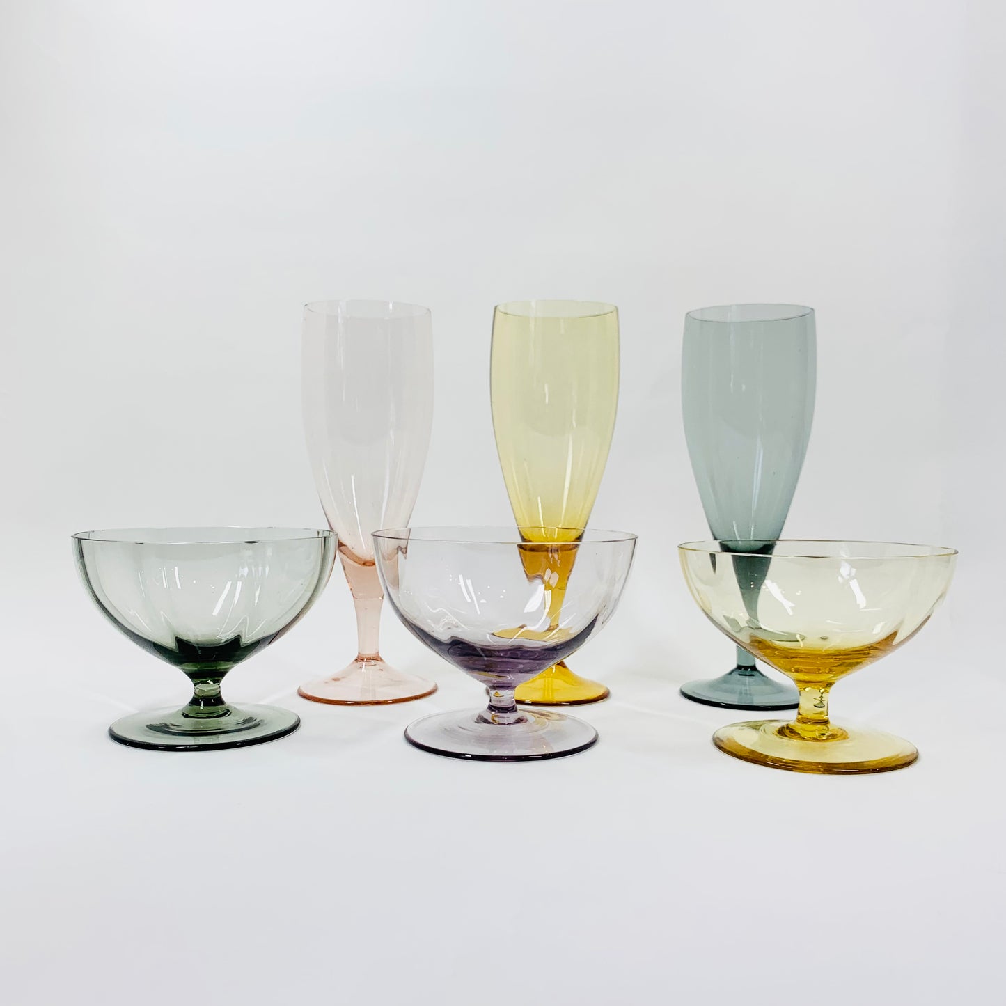 Rare Midcentury mix set of harlequin glass coupe and flutes