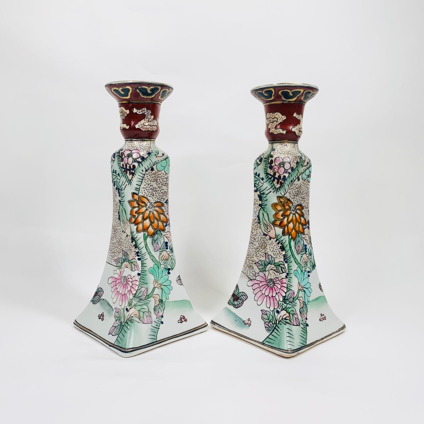 Extremely rare antique pair of Chinese hand painted porcelain candle holders