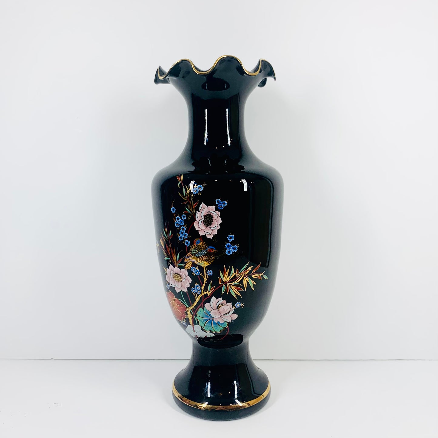 Vintage hand painted Murano black glass vase with ruffle rim