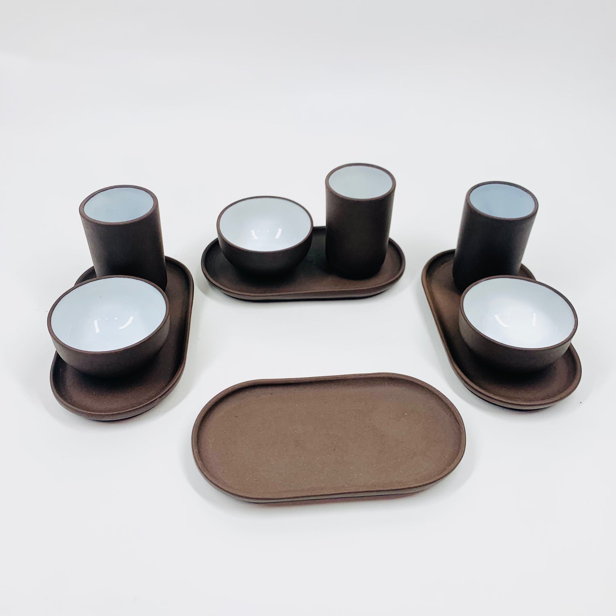 Rare Midcentury Japanese brown pottery condiment set