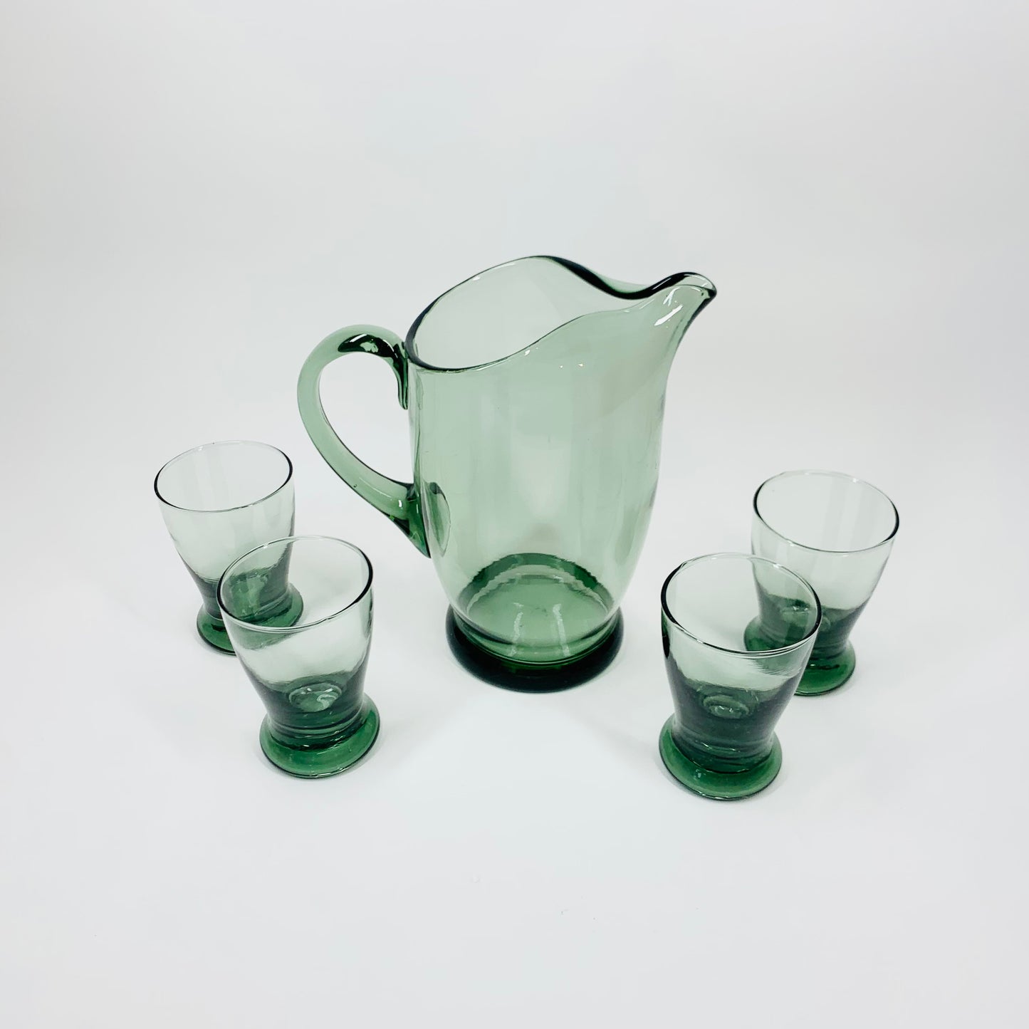 Midcentury greyish green mini glass jug with matching shot glasses