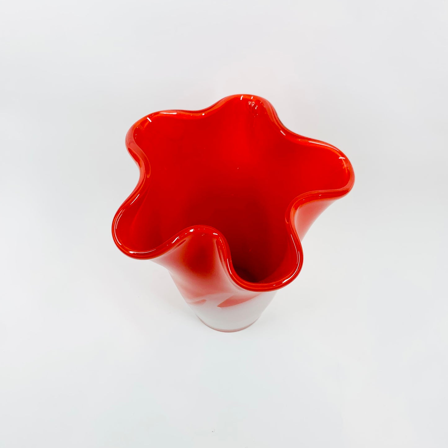 Retro Japanese red & white cased glass handkerchief vase