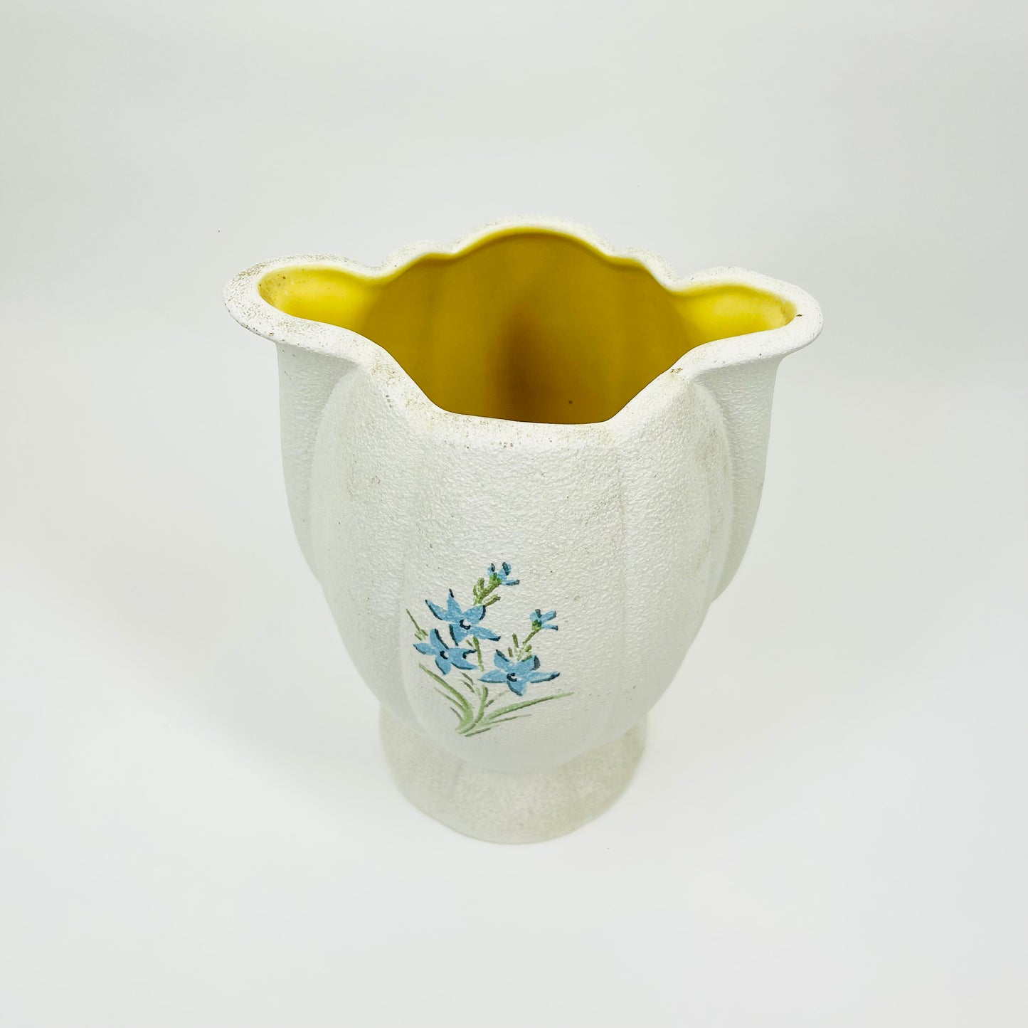 Retro Australian Raynham white pottery vase with hand painted blue flowers