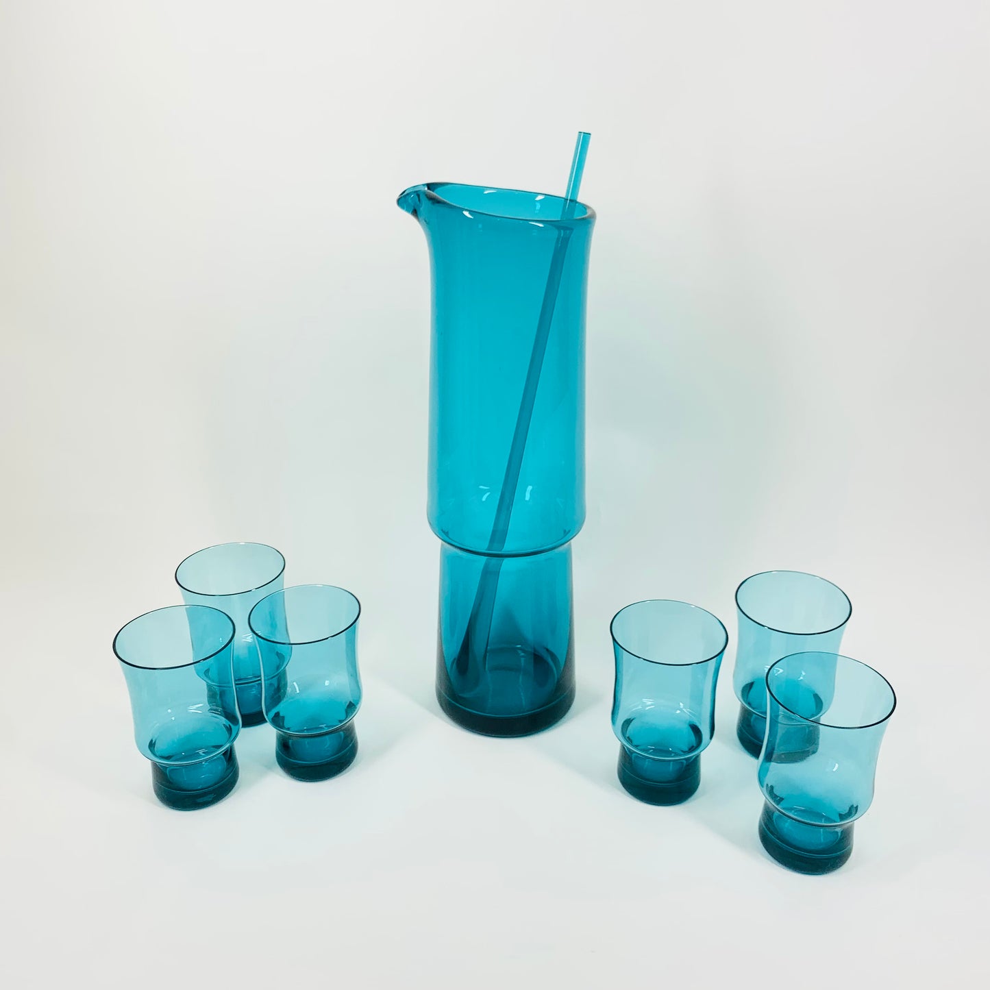 Rare complete Space Age Swedish turquoise blue glass pitcher/jug set with matching glasses and swizzle stick