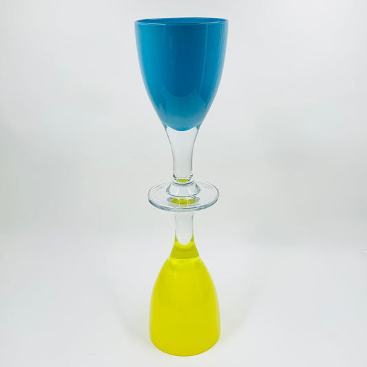 1980s BLUE YELLOW SOMMERSO GLASS WINE GLASSES/GOBLETS