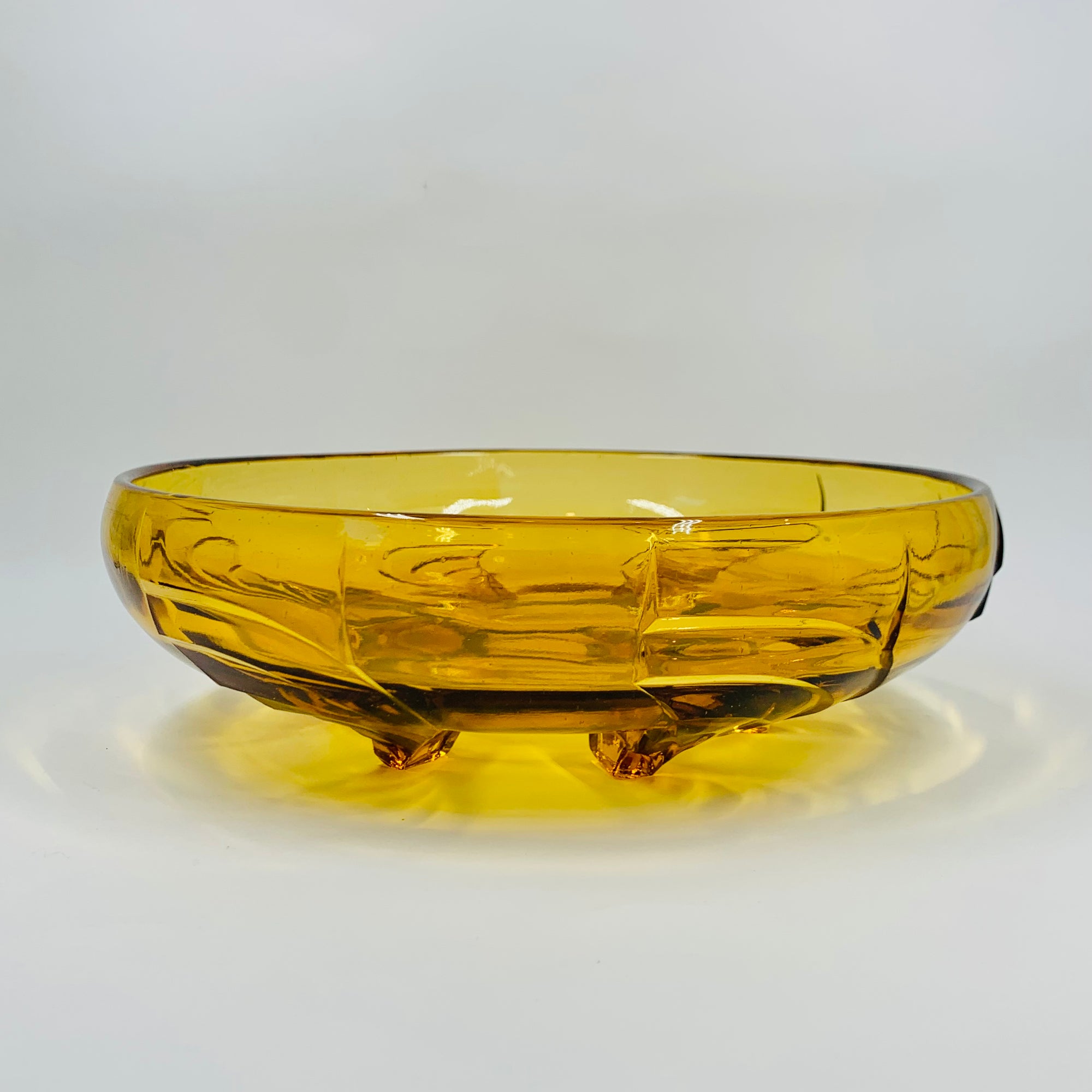 Antique Art Deco amber glass float bowl with matching flower frog