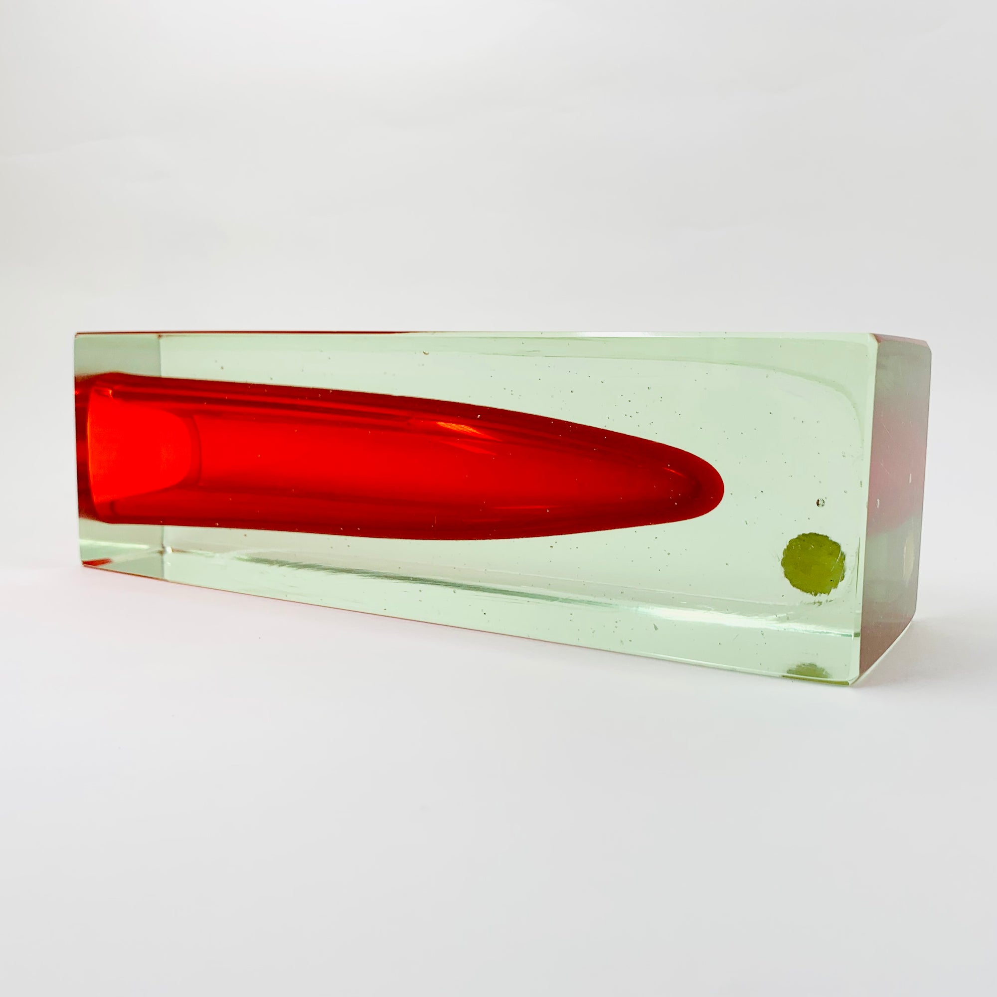 Large MCM red cased green Murano sommerso glass block vase by Mandruzatto