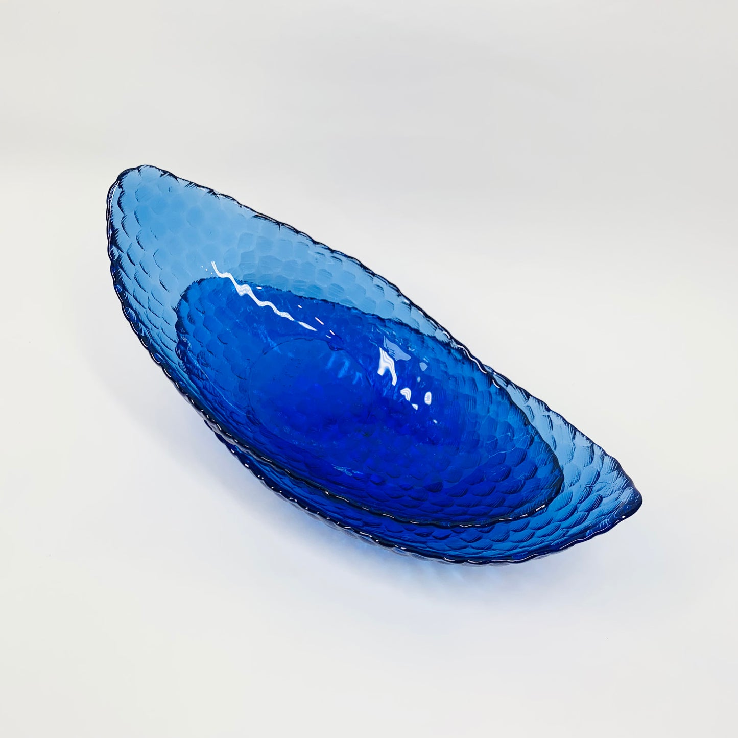 Midcentury fish scales textured cobalt blue boat bowl