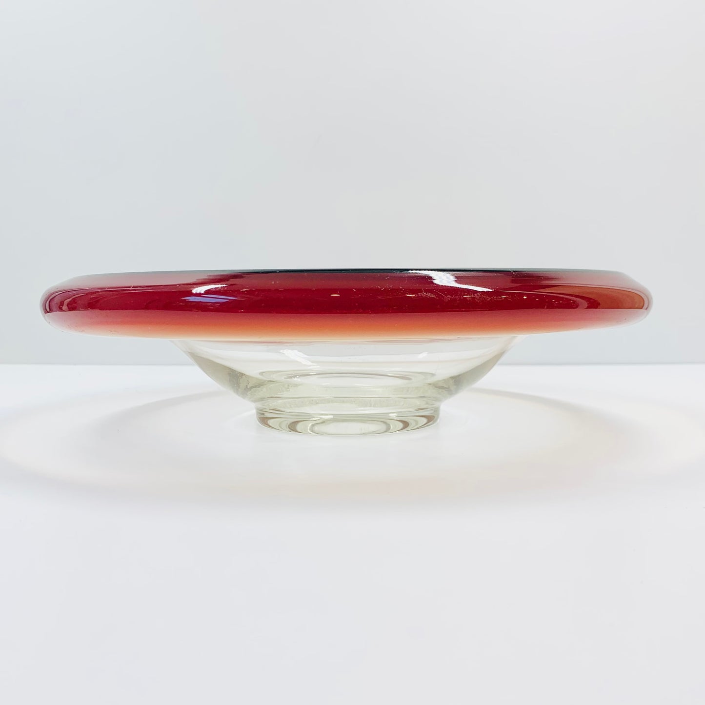 Stunning hand made Midcentury Dutch glass bowl with red ombré rim