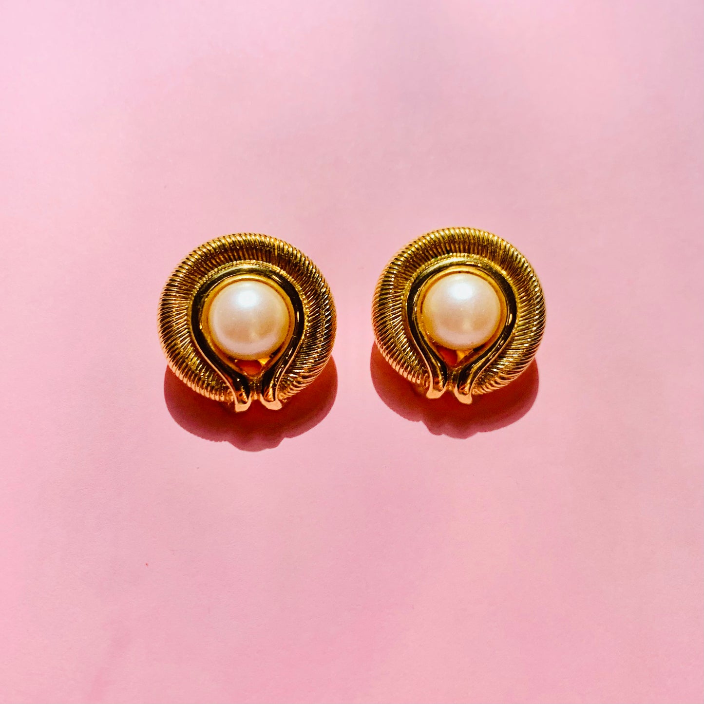 Rare 1960s Barcs triple plated gold clip on pearl button earrings GLASS ET CETERA