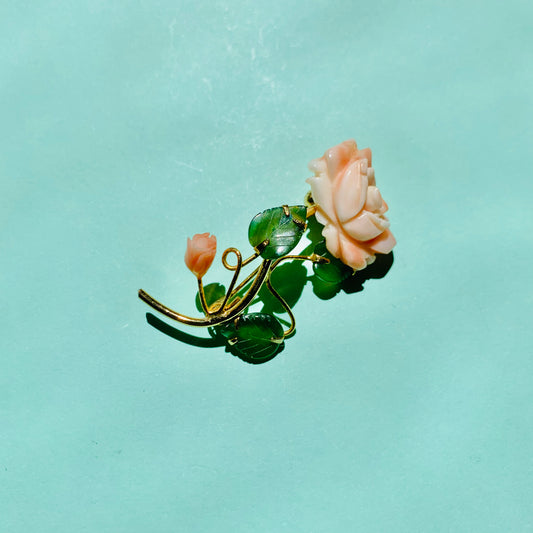 Antique hand carved coral rose brooch with jade leaves