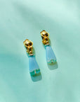 Midcentury gold nickel drop clip on earrings with blue Murano glass beads
