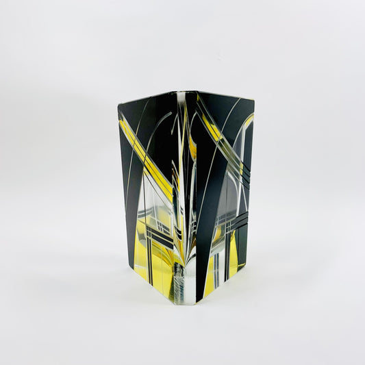 Antique Art Deco black and yellow enamel triangular glass posy vase by Karl Palda
