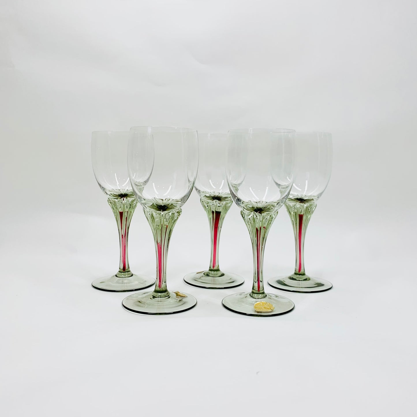 Midcentury hand made Bohemian grey liqueur glasses with pink ink twisted stem