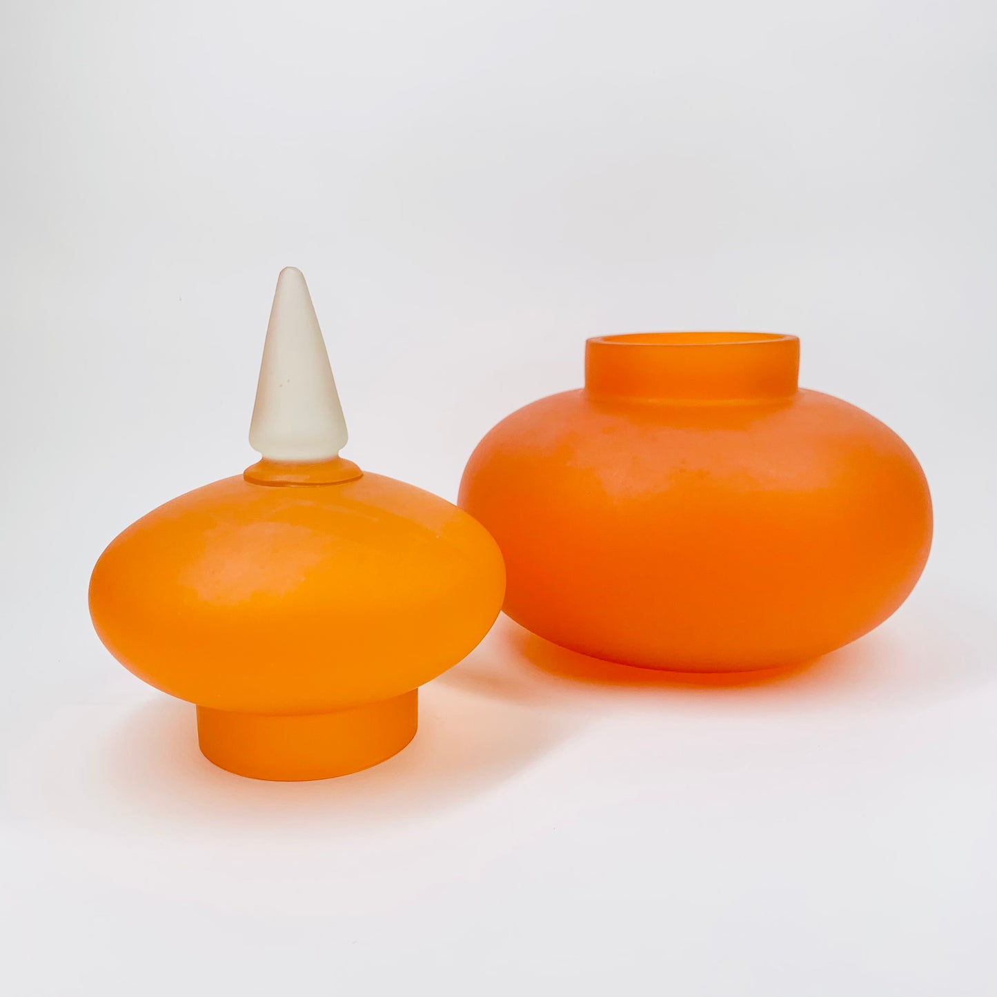 Extremely rare Midcentury Italian orange satin glass canister with minaret lid