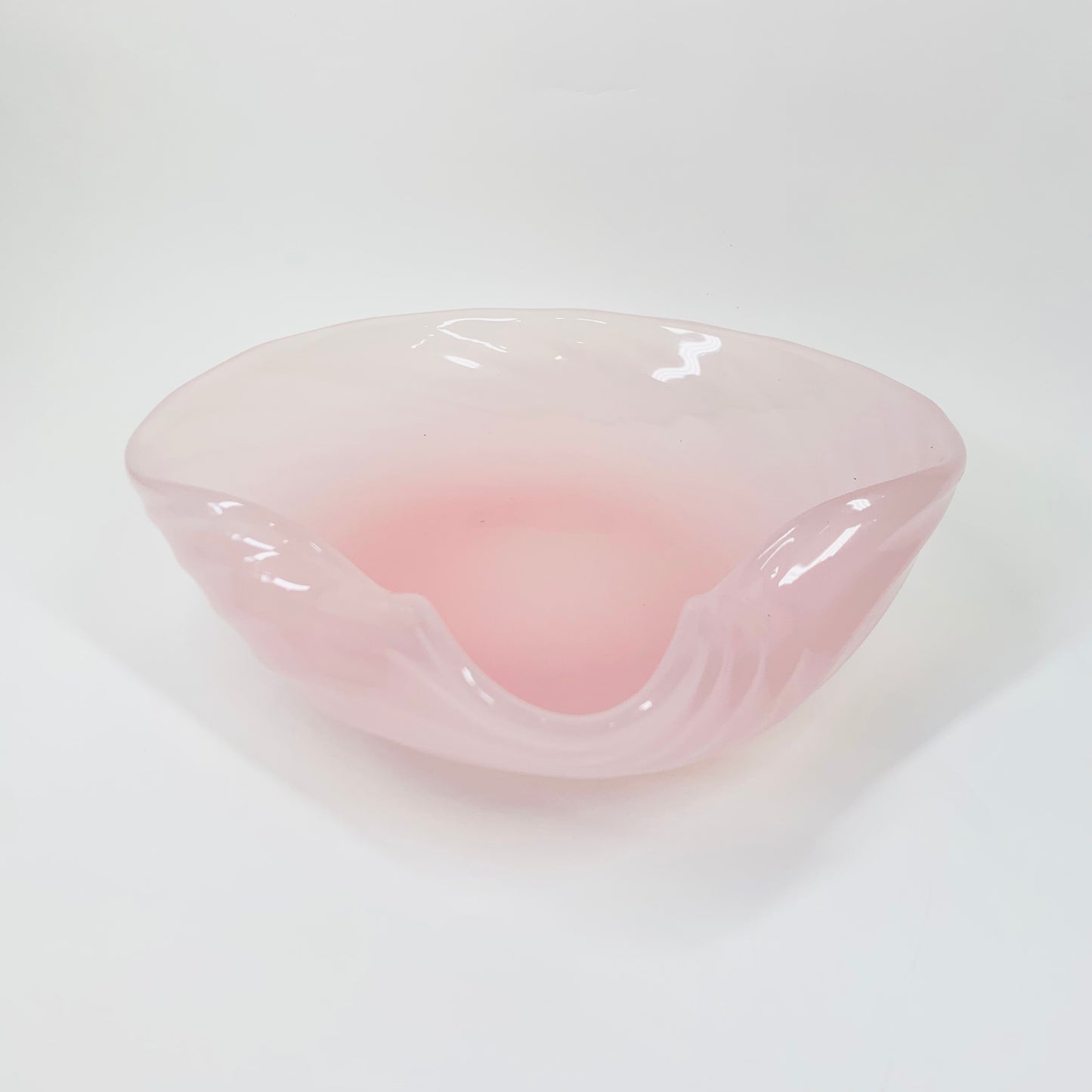 Extremely rare large MCM Murano pink opaline glass pinched bowl