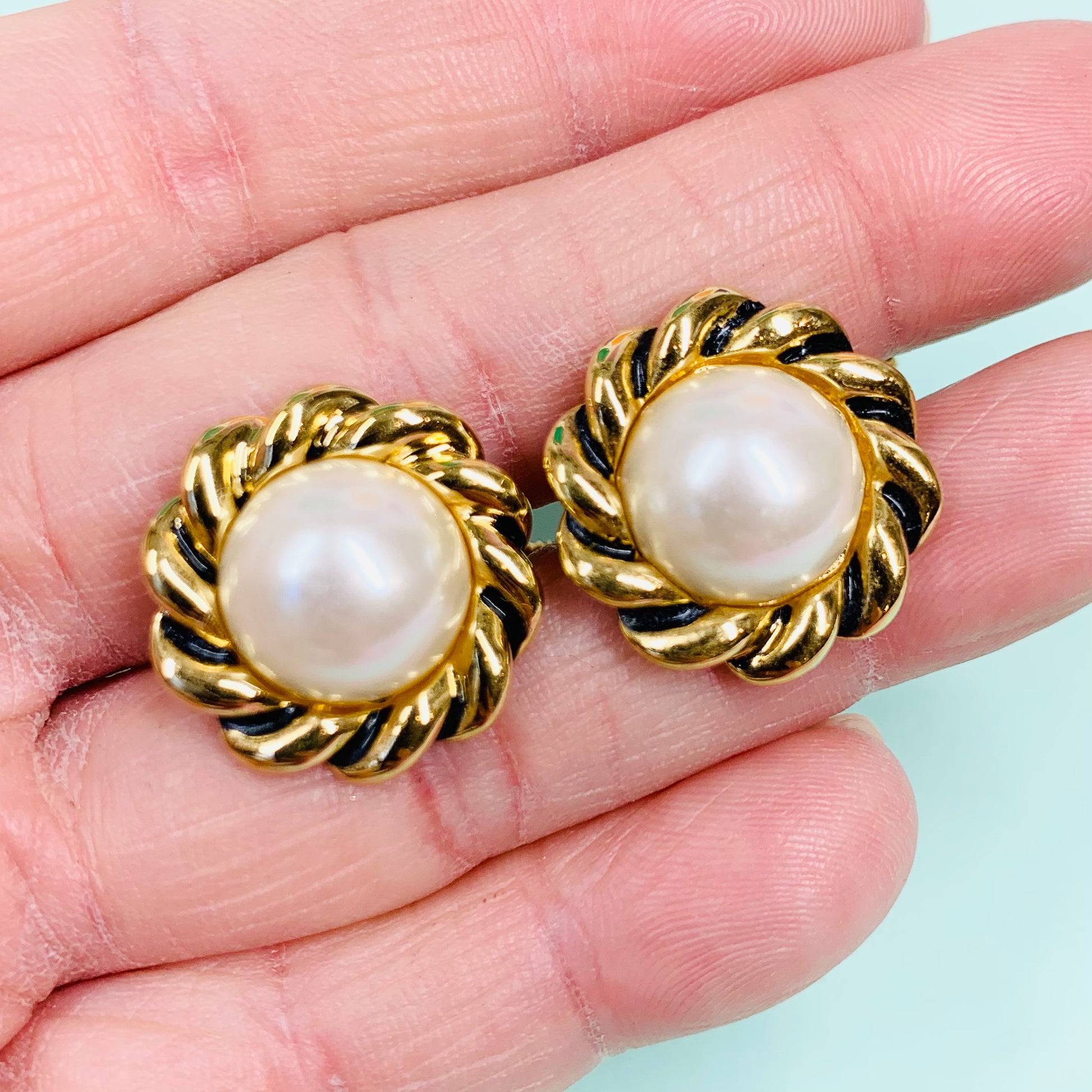 Rare 1970s Barcs triple plated gold clip on pearl button earrings GLASS ET CETERA