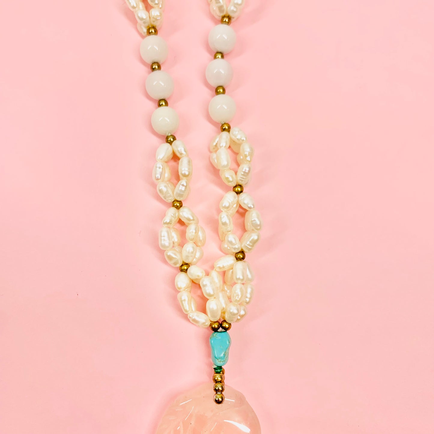 Vintage fresh water pearl & stone beads necklace with hand carved rose quartz pendant