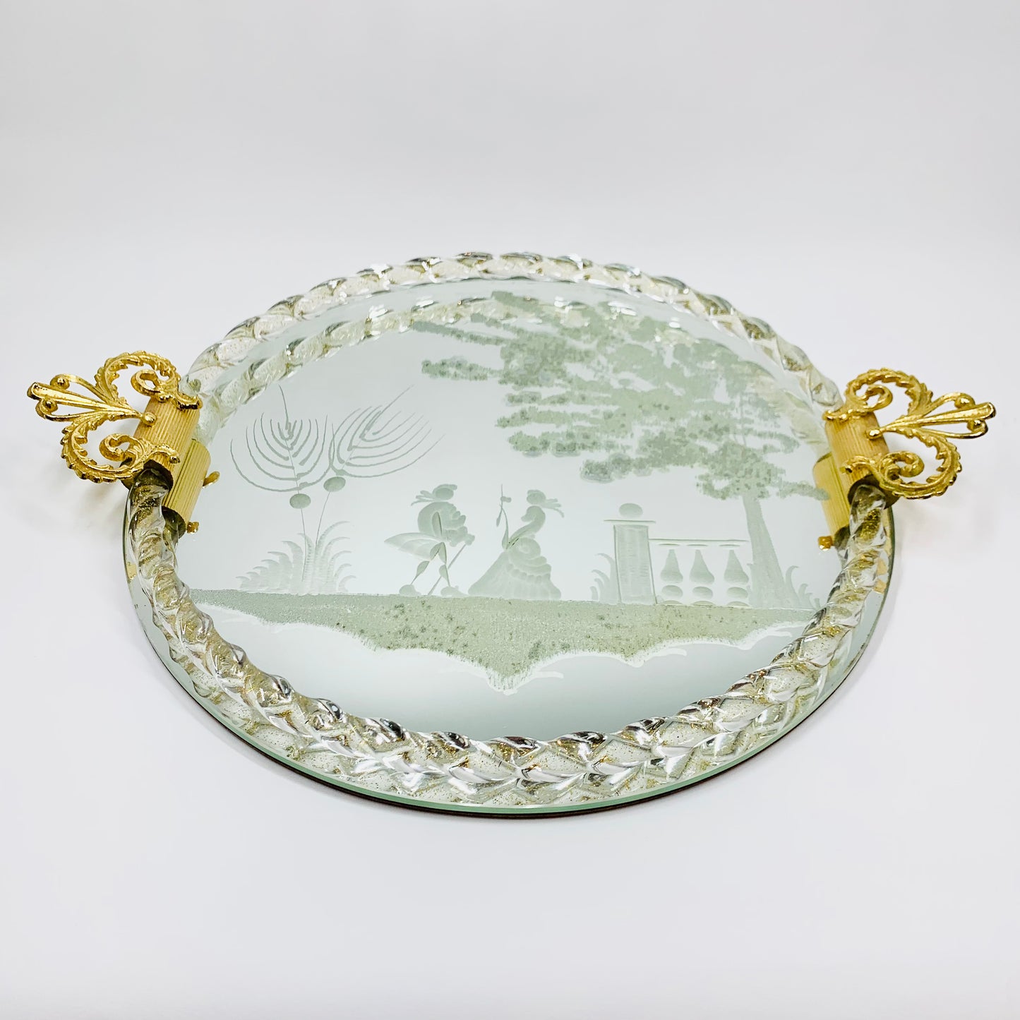 1940s hand etched mirror tray with gold aventurine rope border