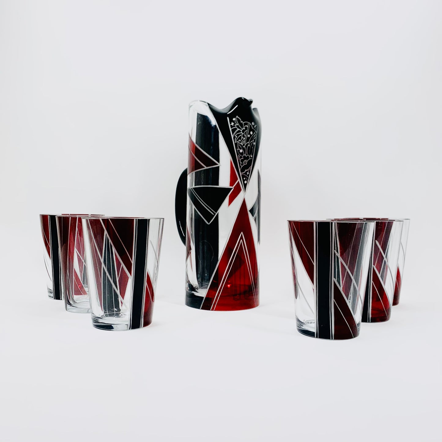 Extremely extremely rare antique Art Deco ruby and black enamel jug and matching glasses set by Karl Palda