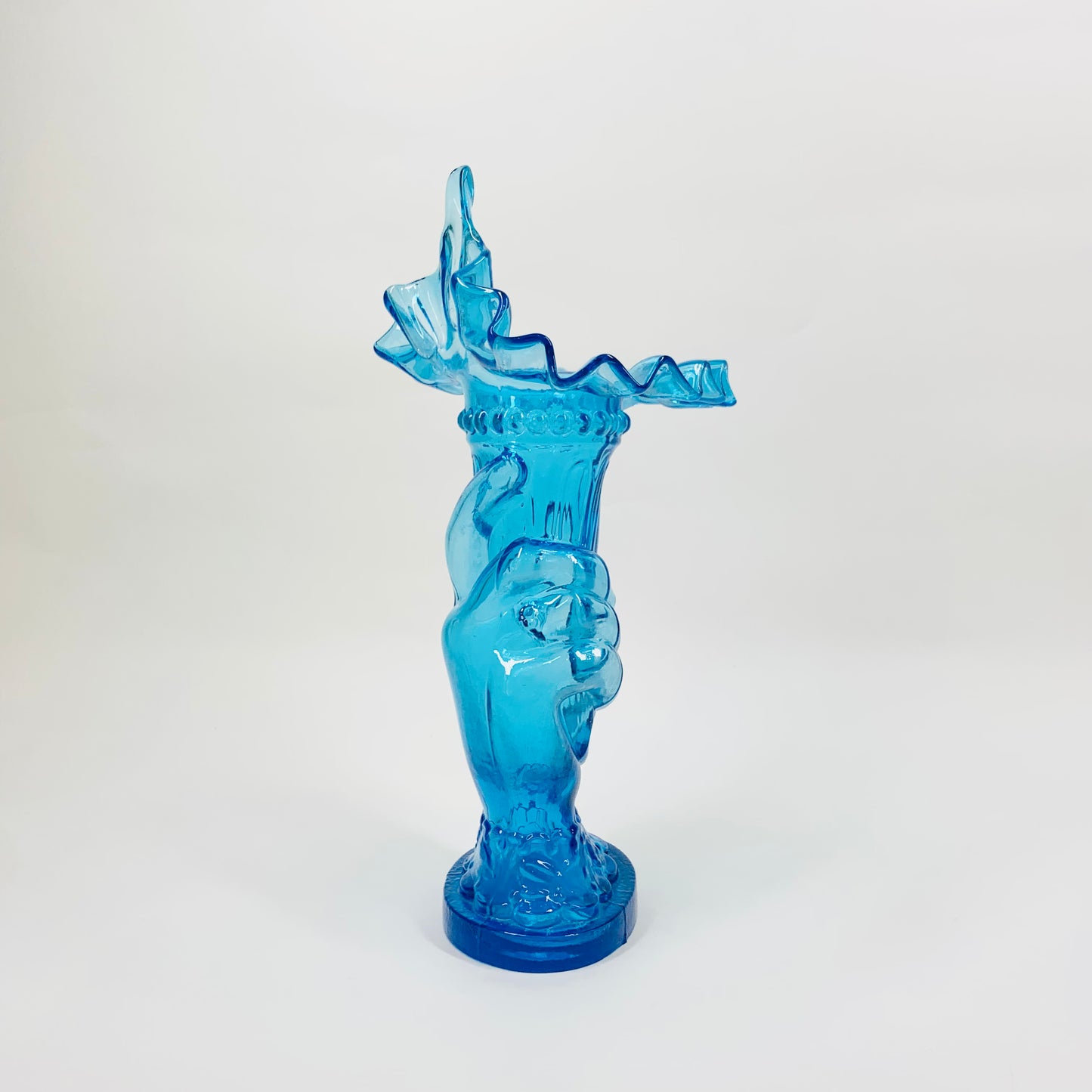 American Fenton Blue Pressed Glass Hand Holding Ruffle Vase