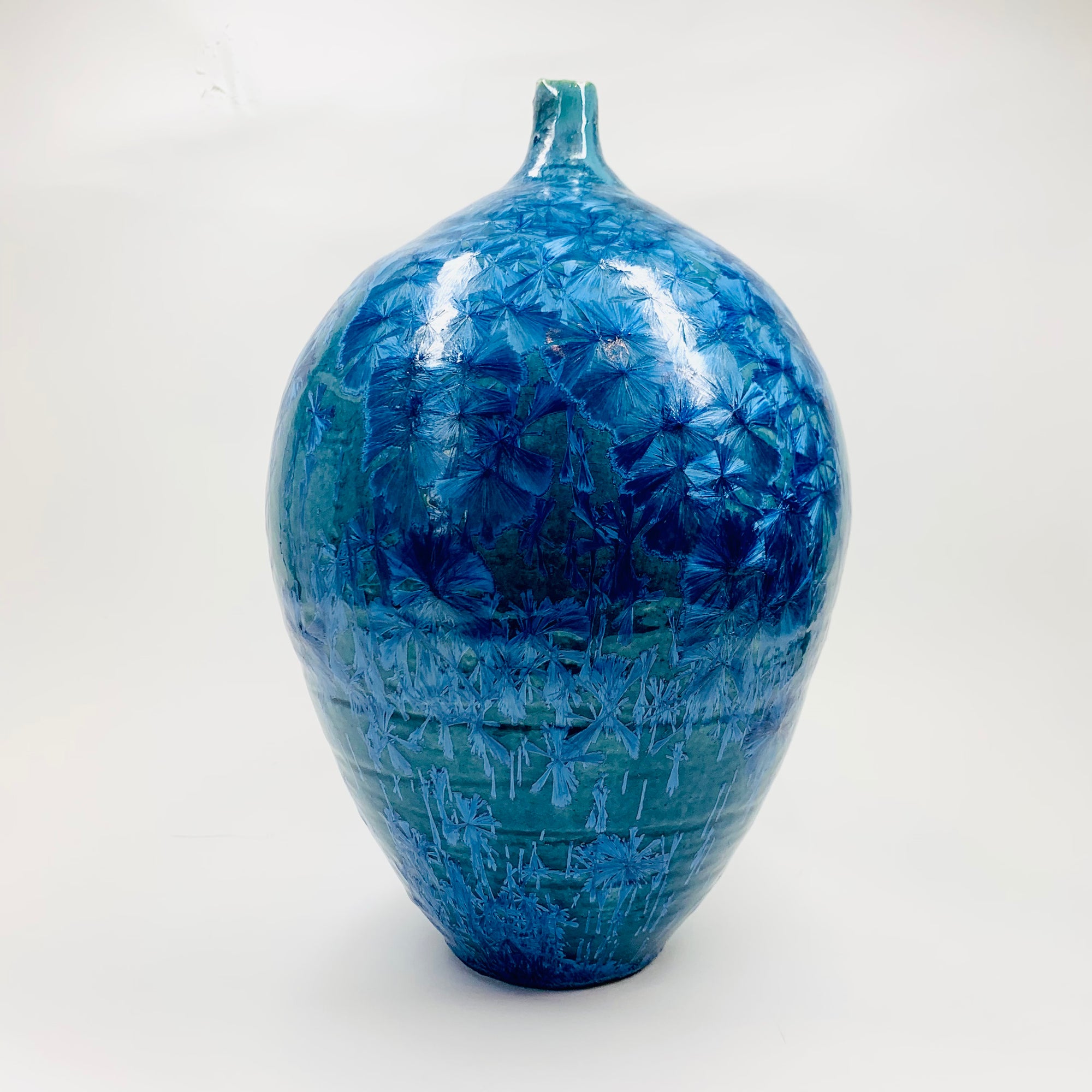 Retro hand made Australian turquoise blue gradient crystalline pottery bottle vase