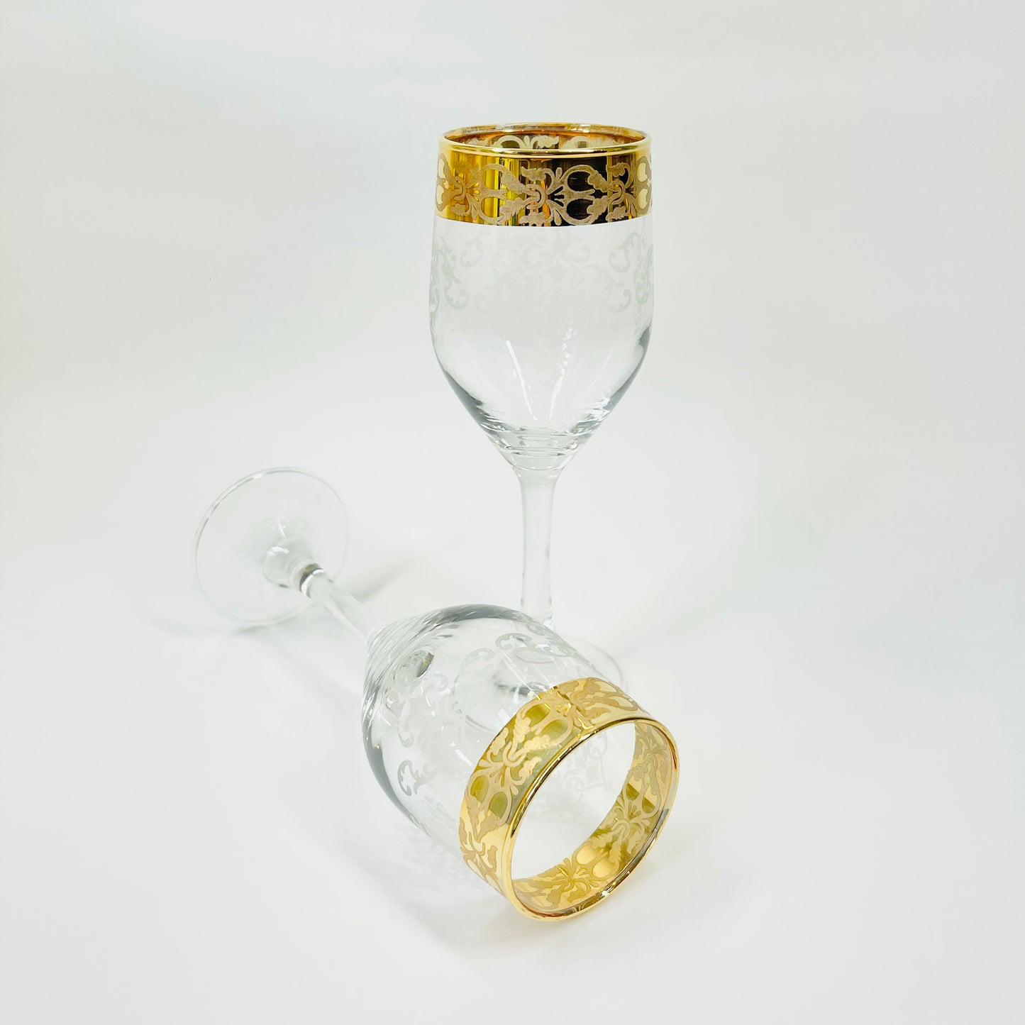 Midcentury etched Bohemian wine glasses with gold gilding