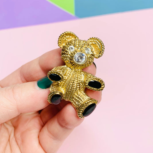 1960s plated alloy teddy bear brooch with cubic zirconia and black enamel