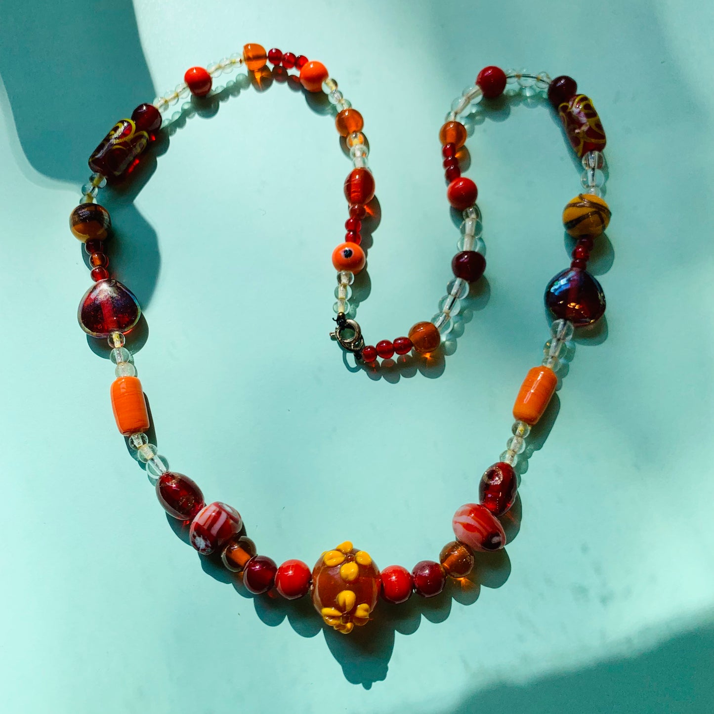 1970s red orange Murano glass beads necklace