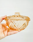 Antique pressed pink glass lidded box/sugar bowl with cork lid
