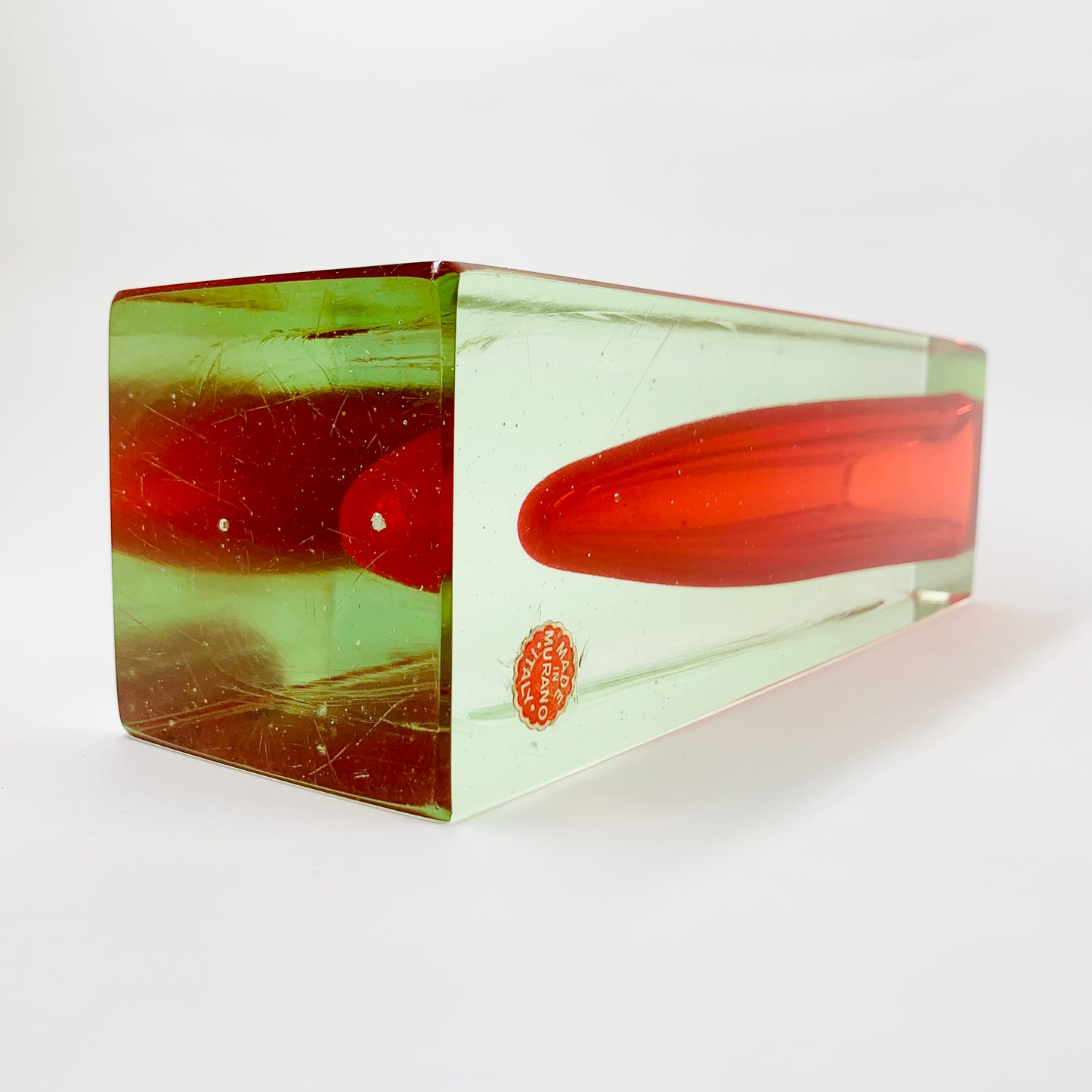 Large MCM red cased green Murano sommerso glass block vase by Mandruzatto