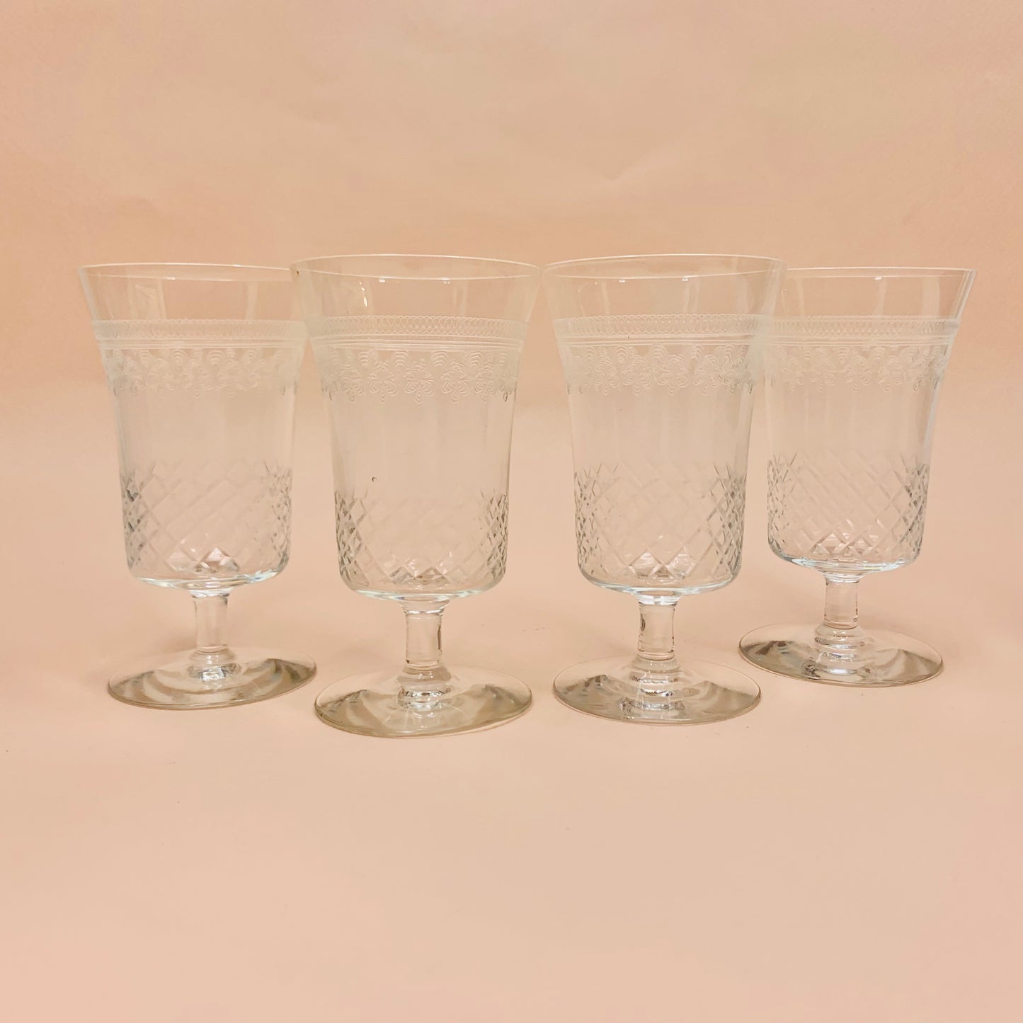 Extremely rare antique hand etched Pall Mall liqueur glasses in the Pall Mall style