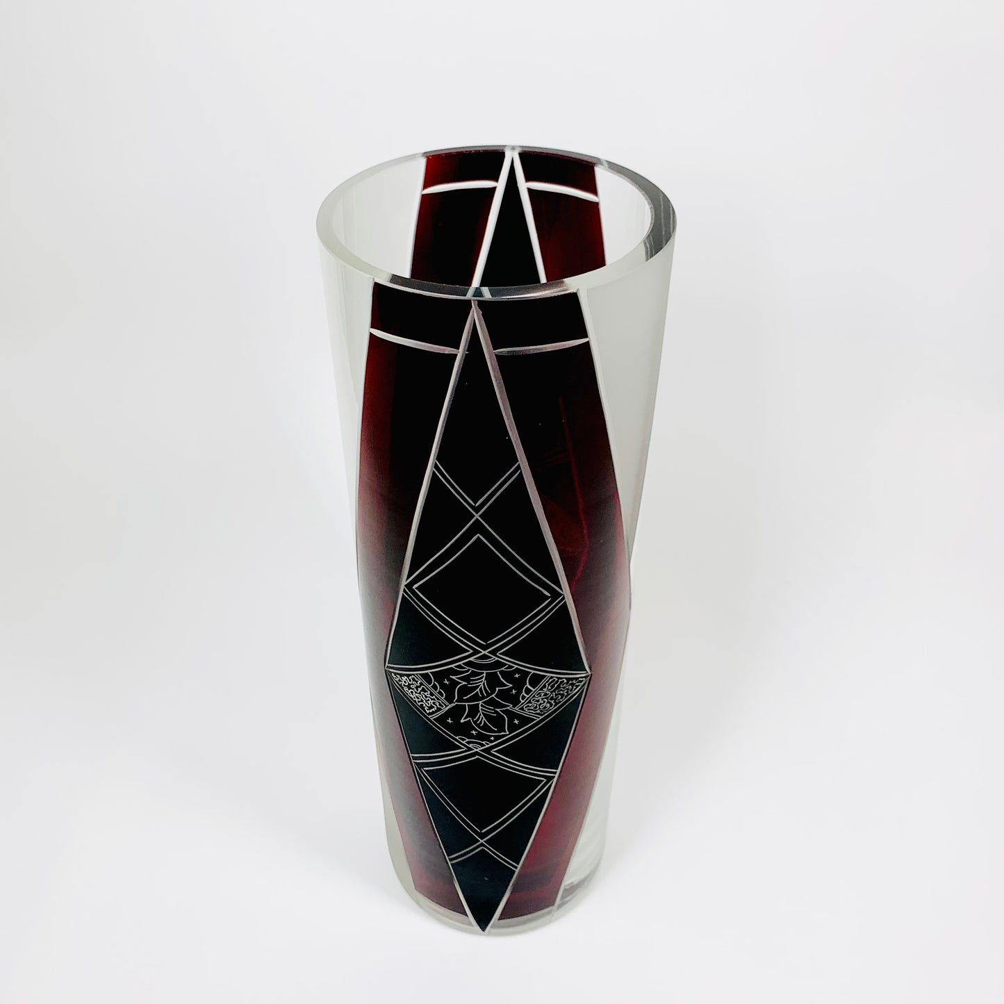 Extremely rare antique Art Deco part satin black and ruby enamel cylinder glass vase by Karl Palda