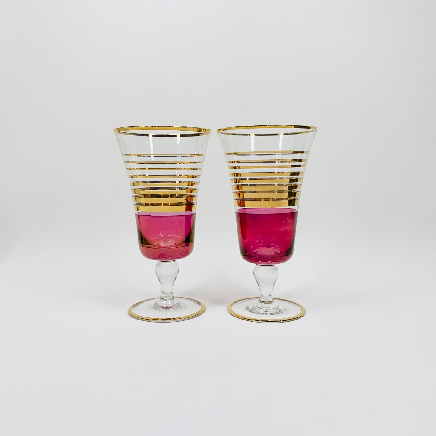 Extremely rare 1940s gold gilded pink flashed parfait/wine glasses