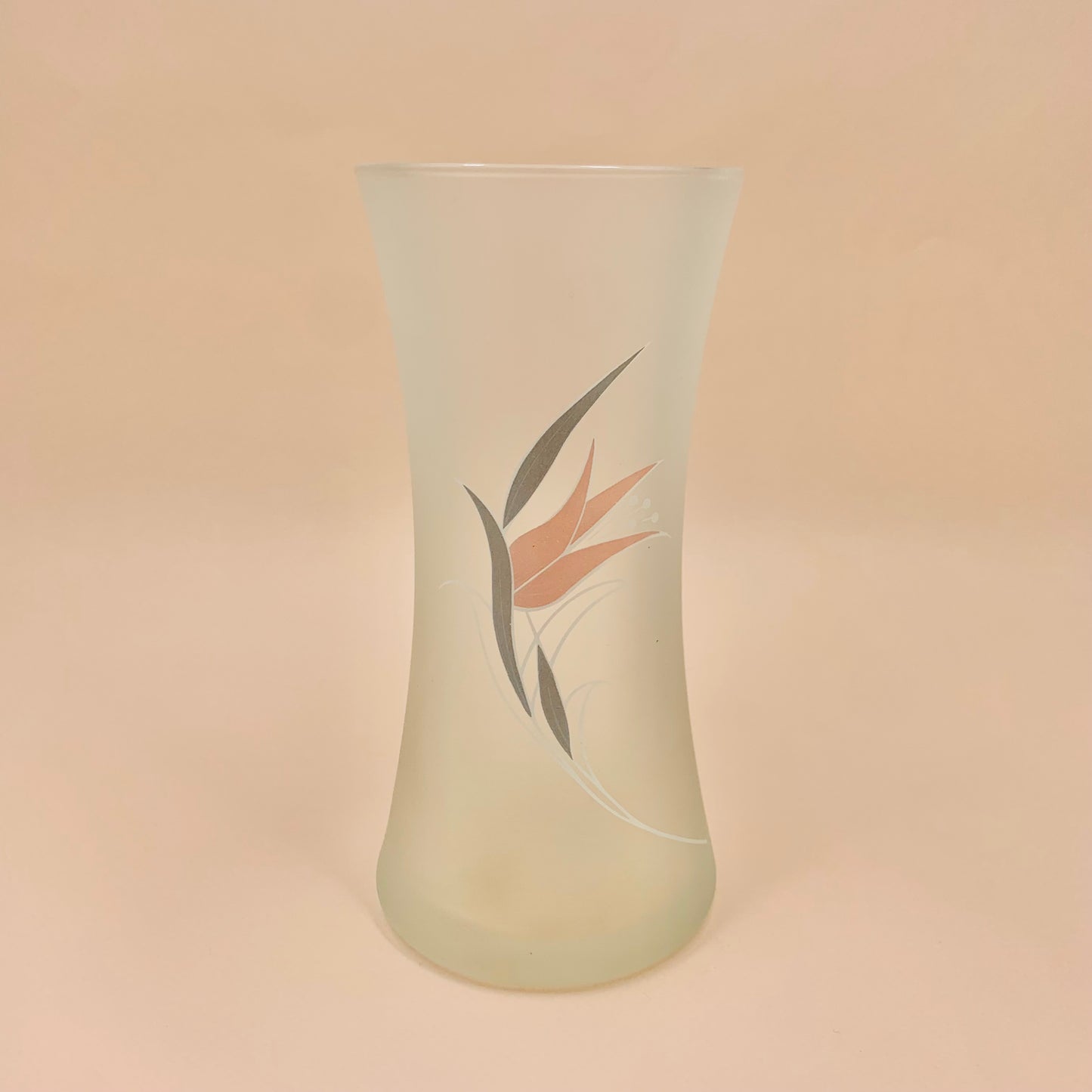 1980s satin glass vase with laminated floral decoration