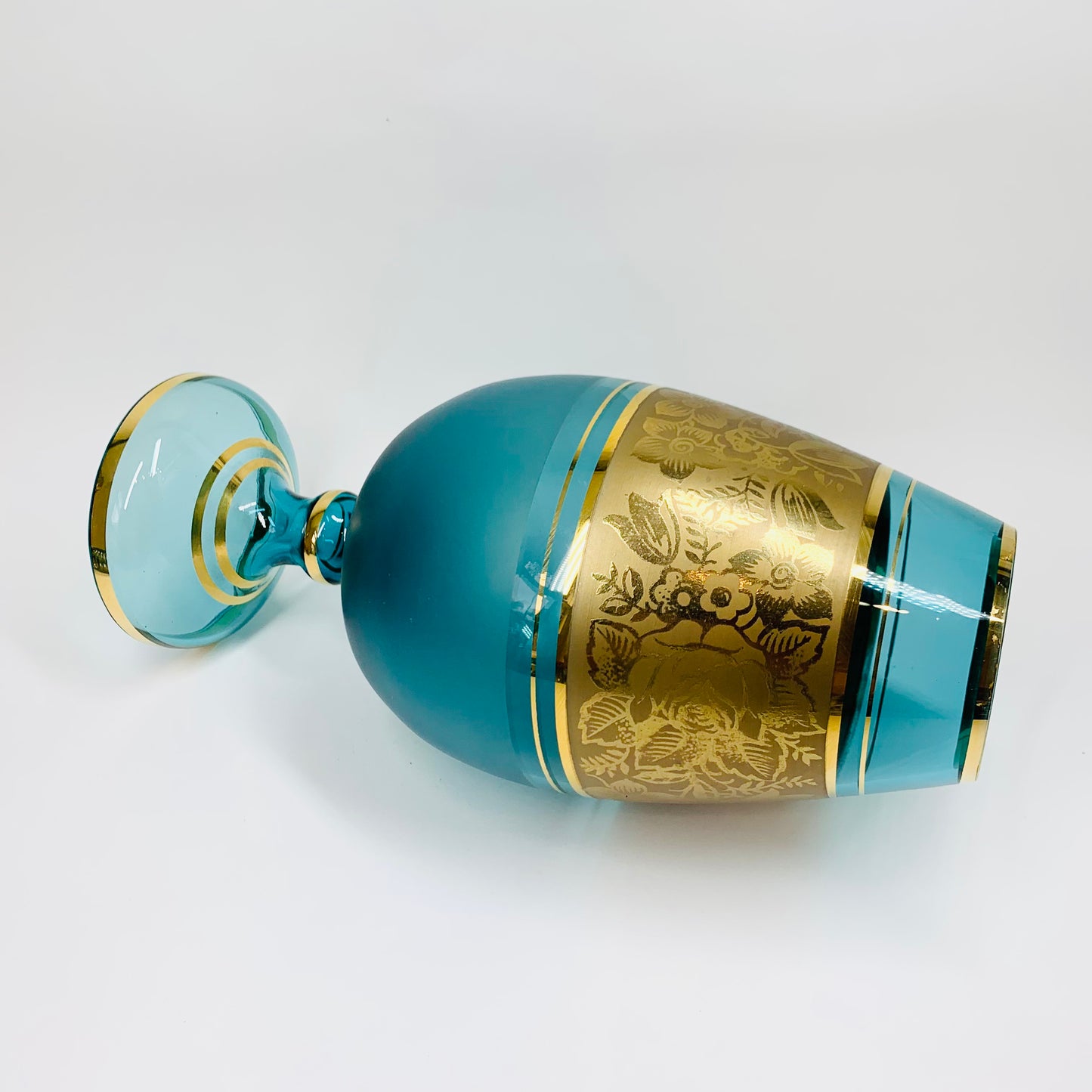 Rare Midcentury Bohemian turquoise glass footed vase with gold gilding