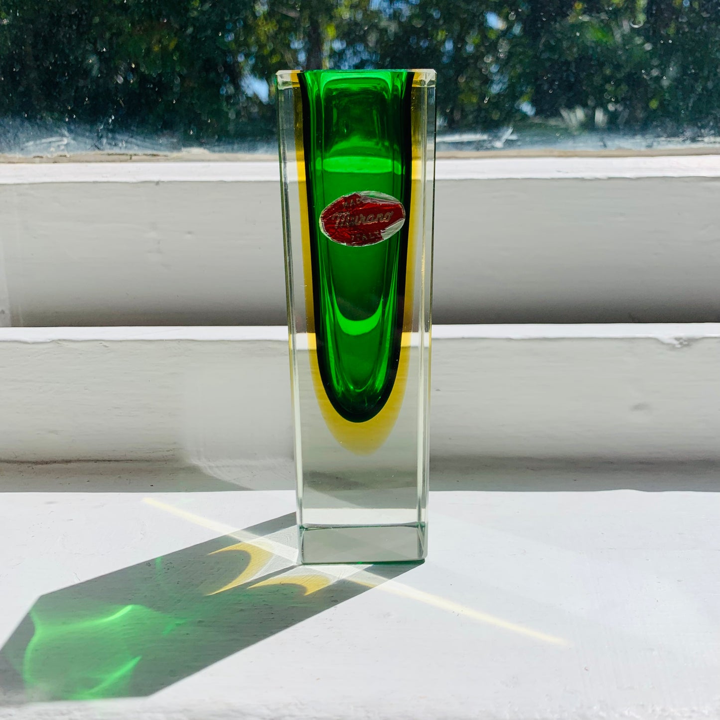 MCM green & yellow Murano sommerso glass block vase by Mandruzatto
