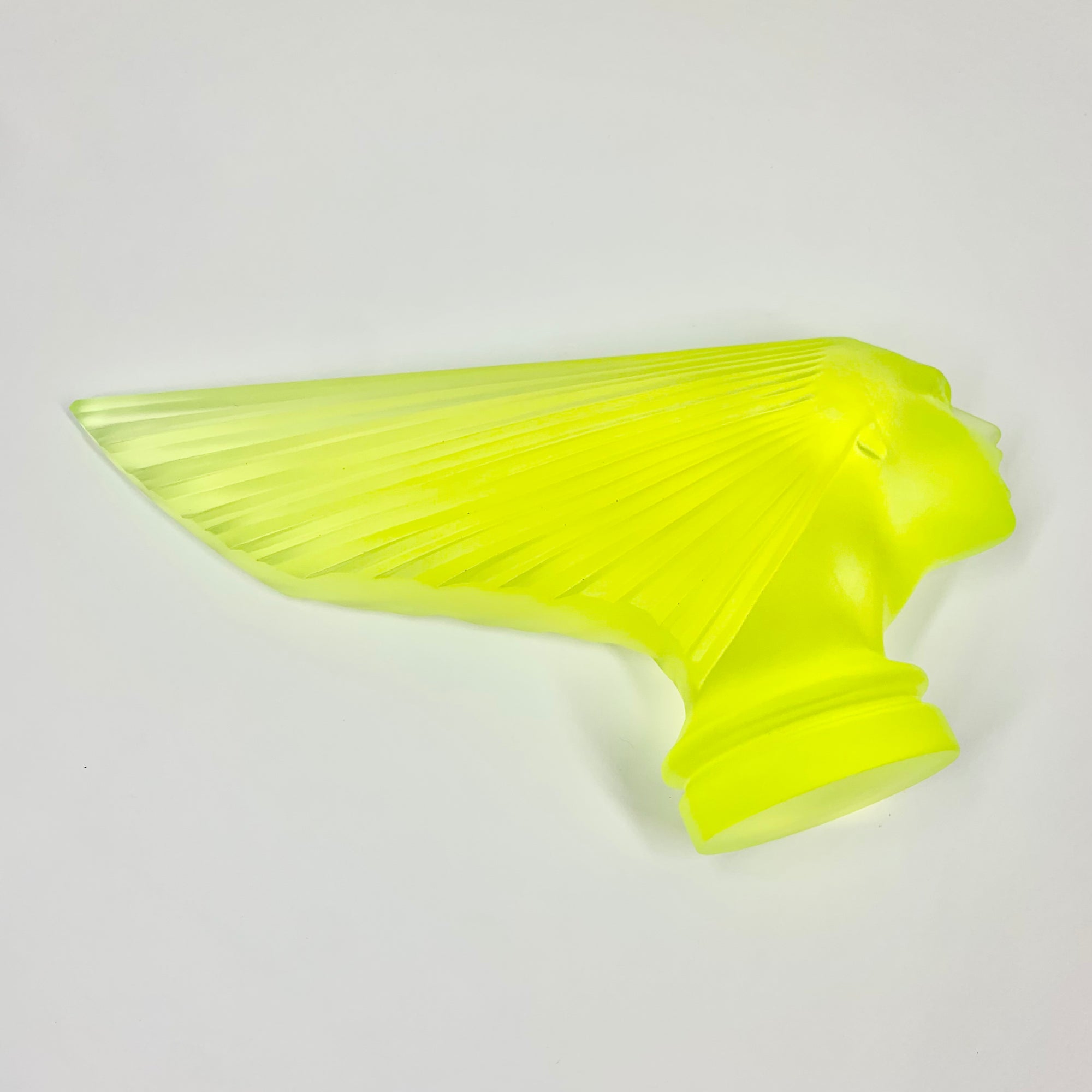Art Deco reproduction of Lalique car mascot Victoire in uranium glass