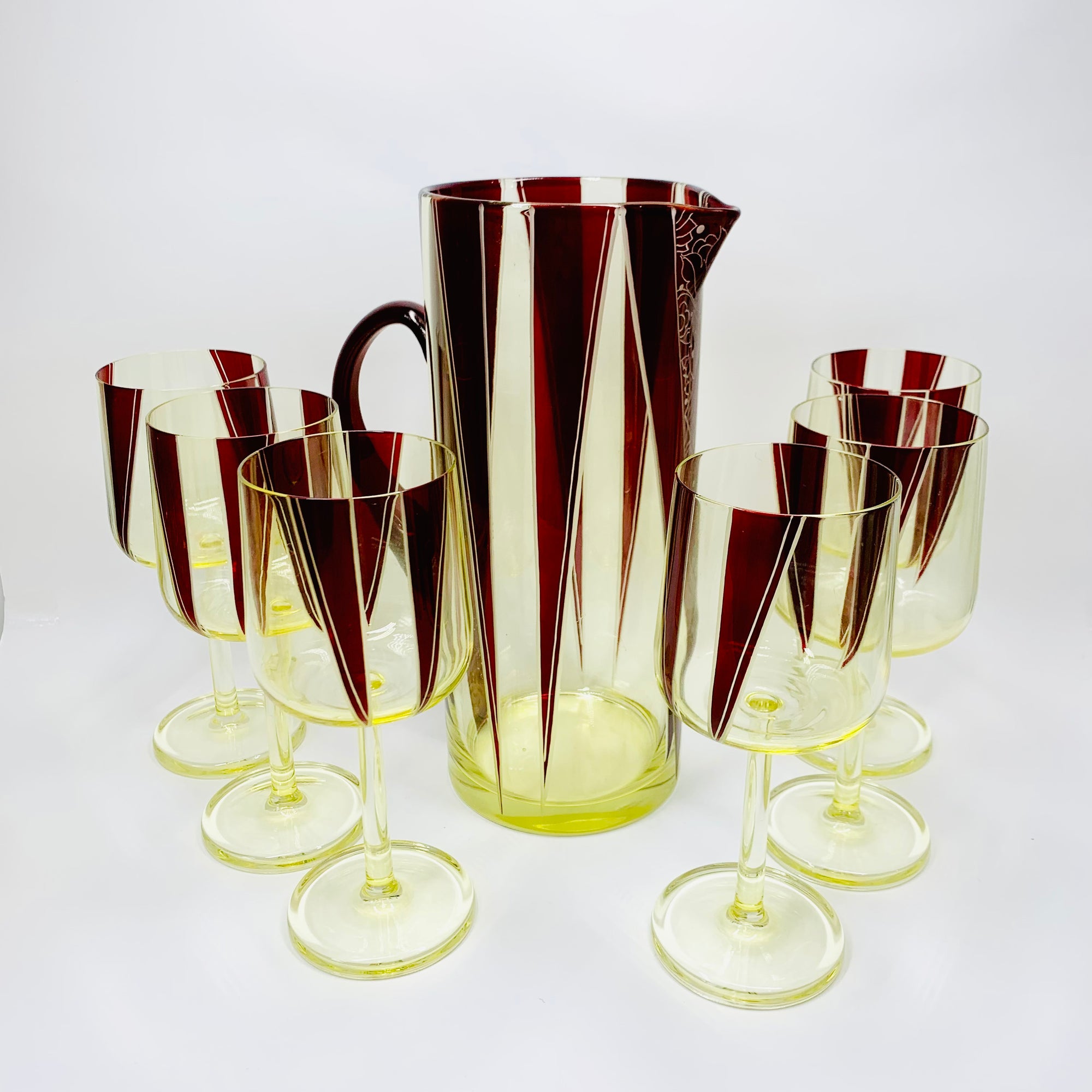 Extremely extremely rare antique Art Deco ruby enamel and citrine glass jug and matching wine glasses set by Karl Palda