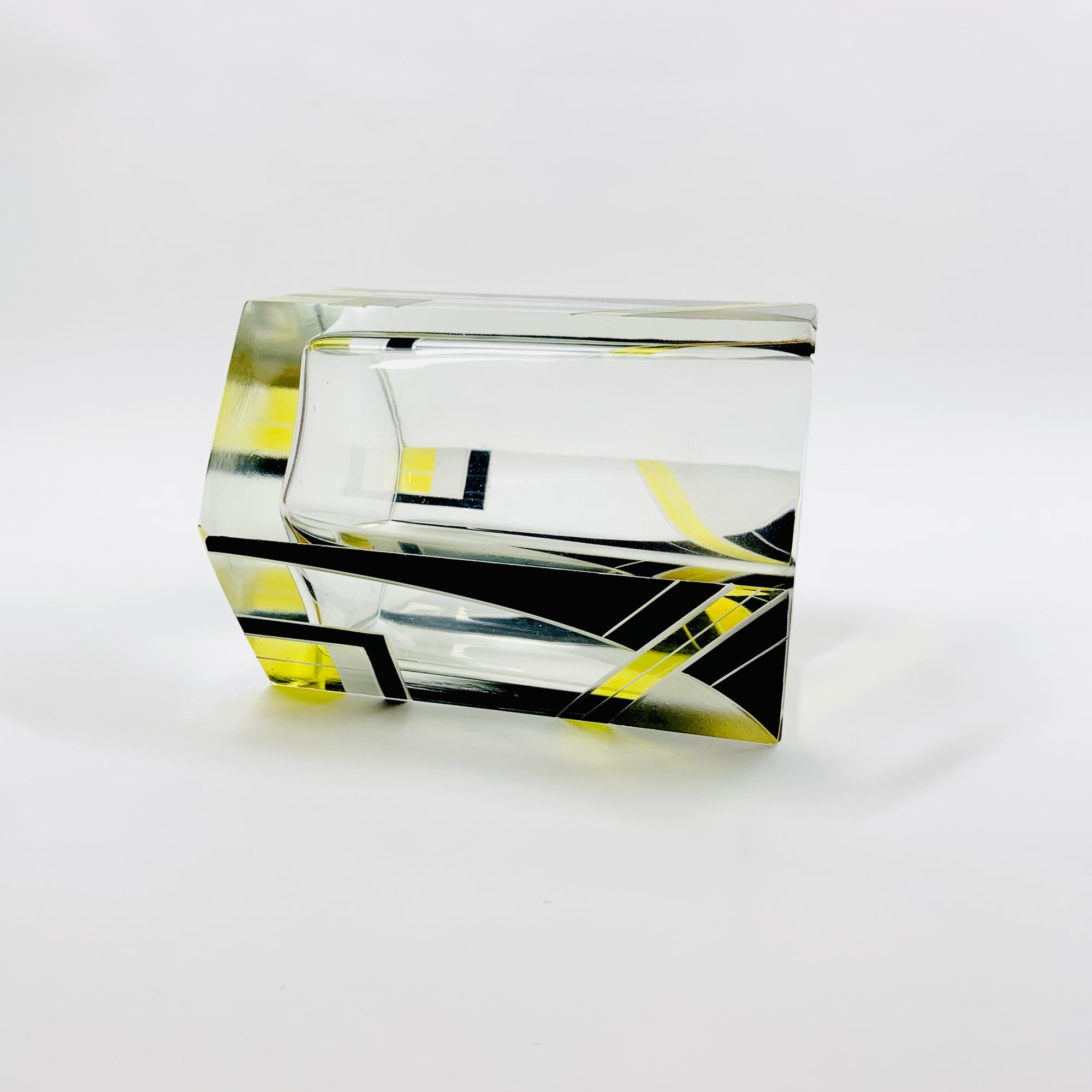 Antique Art Deco black and citrine hexagons glass posy vase by Karl Palda
