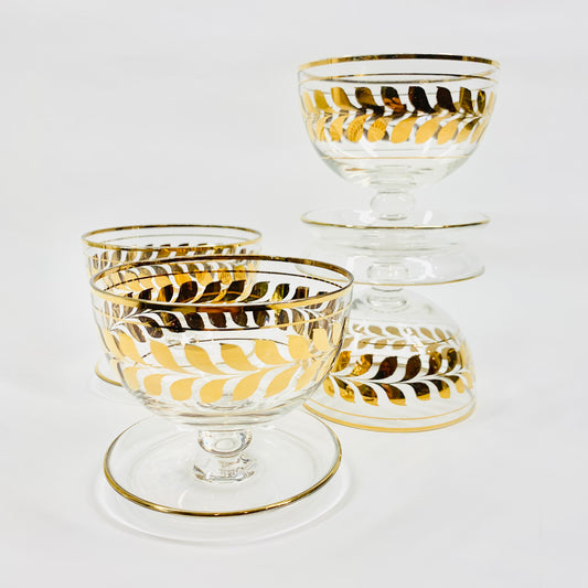 Rare Midcentury Tiffin dessert coupe with gold gilding leaves pattern