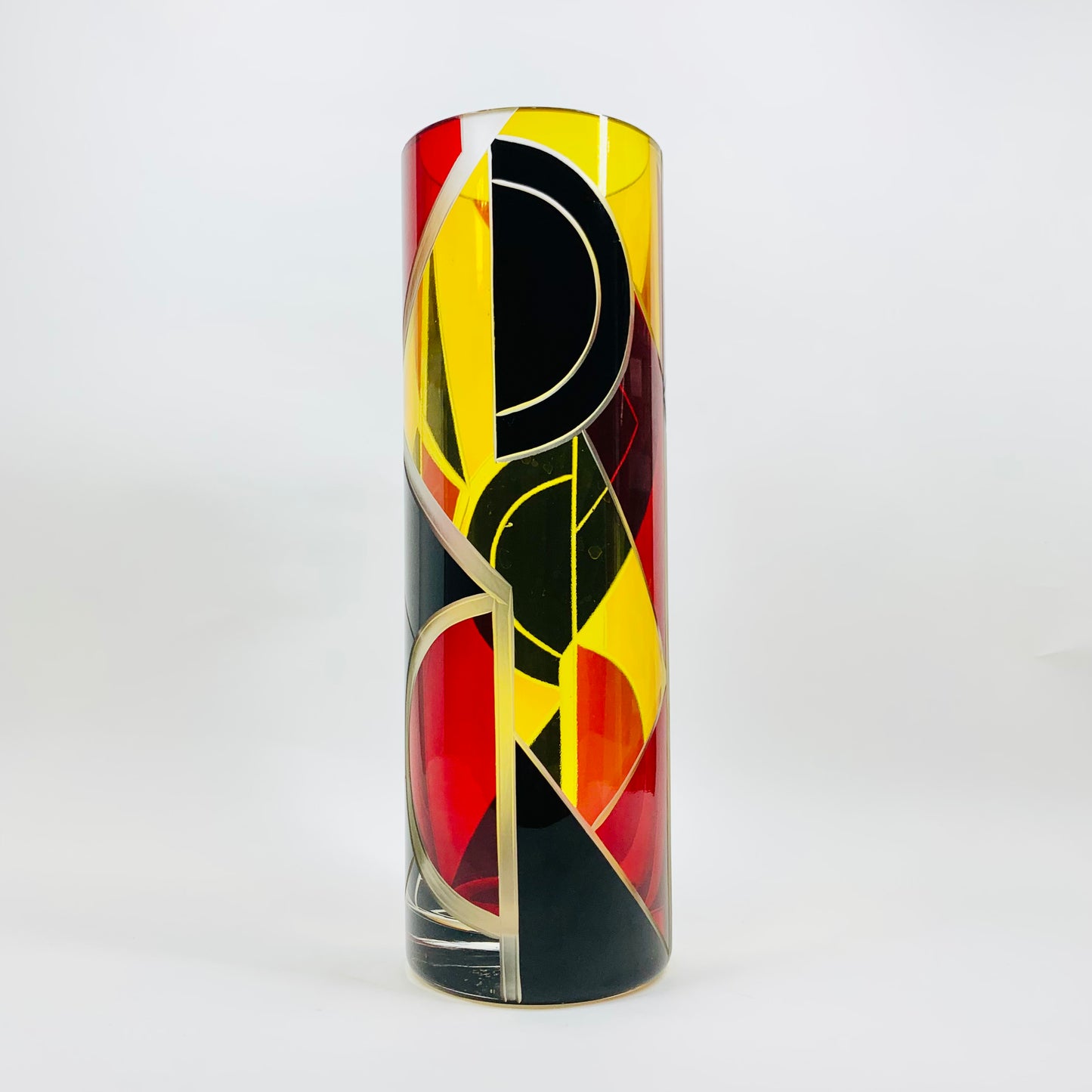 Extremely rare antique Art Deco citrine, black and ruby enamel cylinder glass vase by Karl Palda