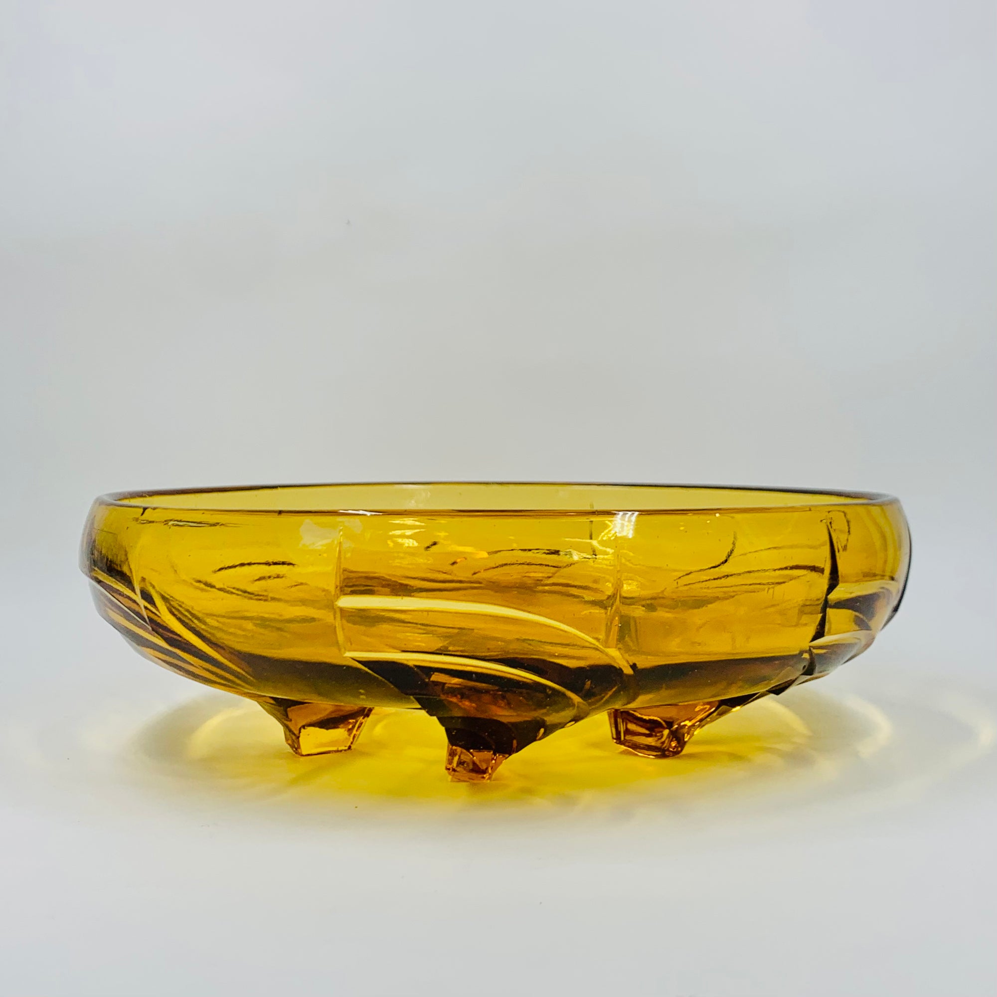 Antique Art Deco amber glass float bowl with matching flower frog