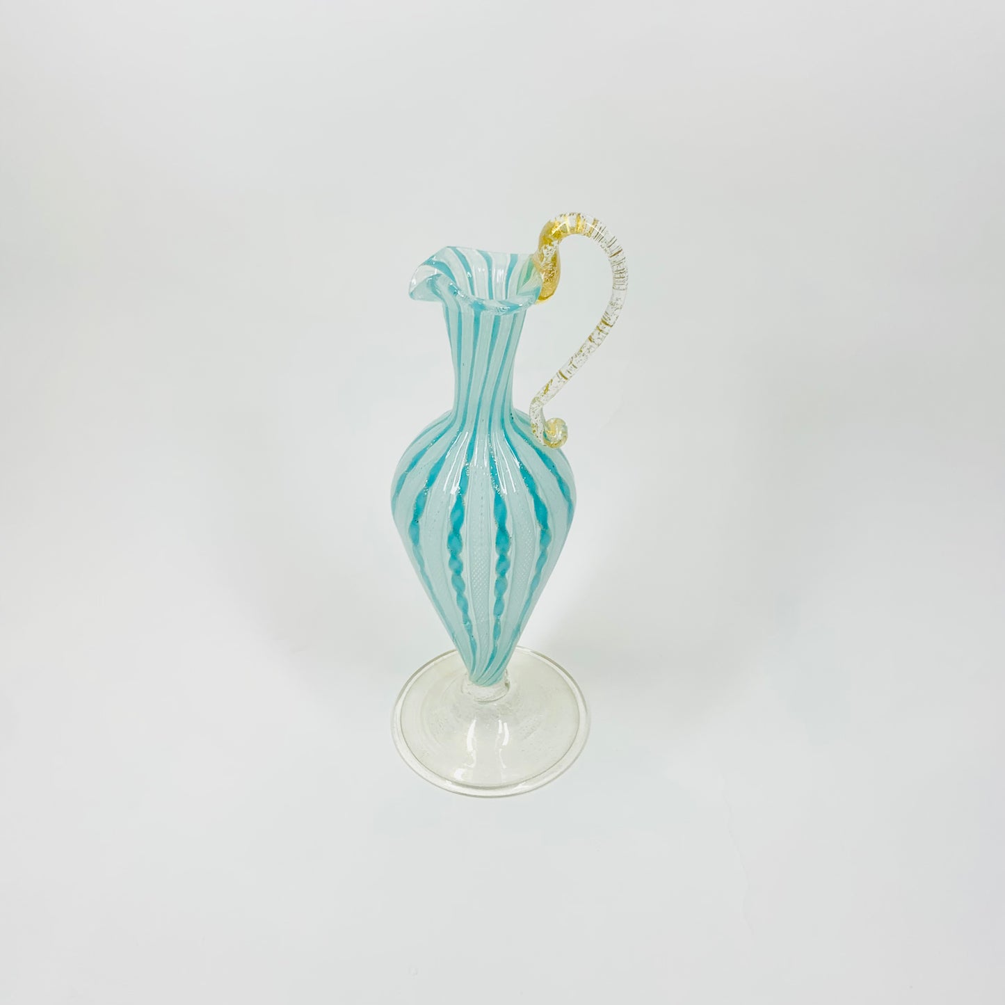 Antique Venetian blue zanfirico lattice glass vase with gold aventurine handle base