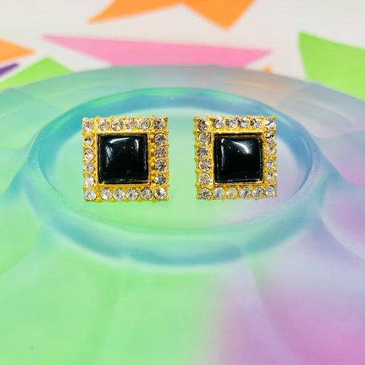 1960s gold plated square black enamel stud earrings with rhinestones halo