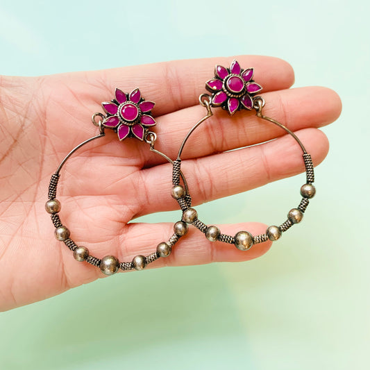 Vintage silver hoop earrings with pink agate flower studs