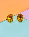 Vintage triple gold plated clip in button earrings with amber rhinestone by Pierre Lang