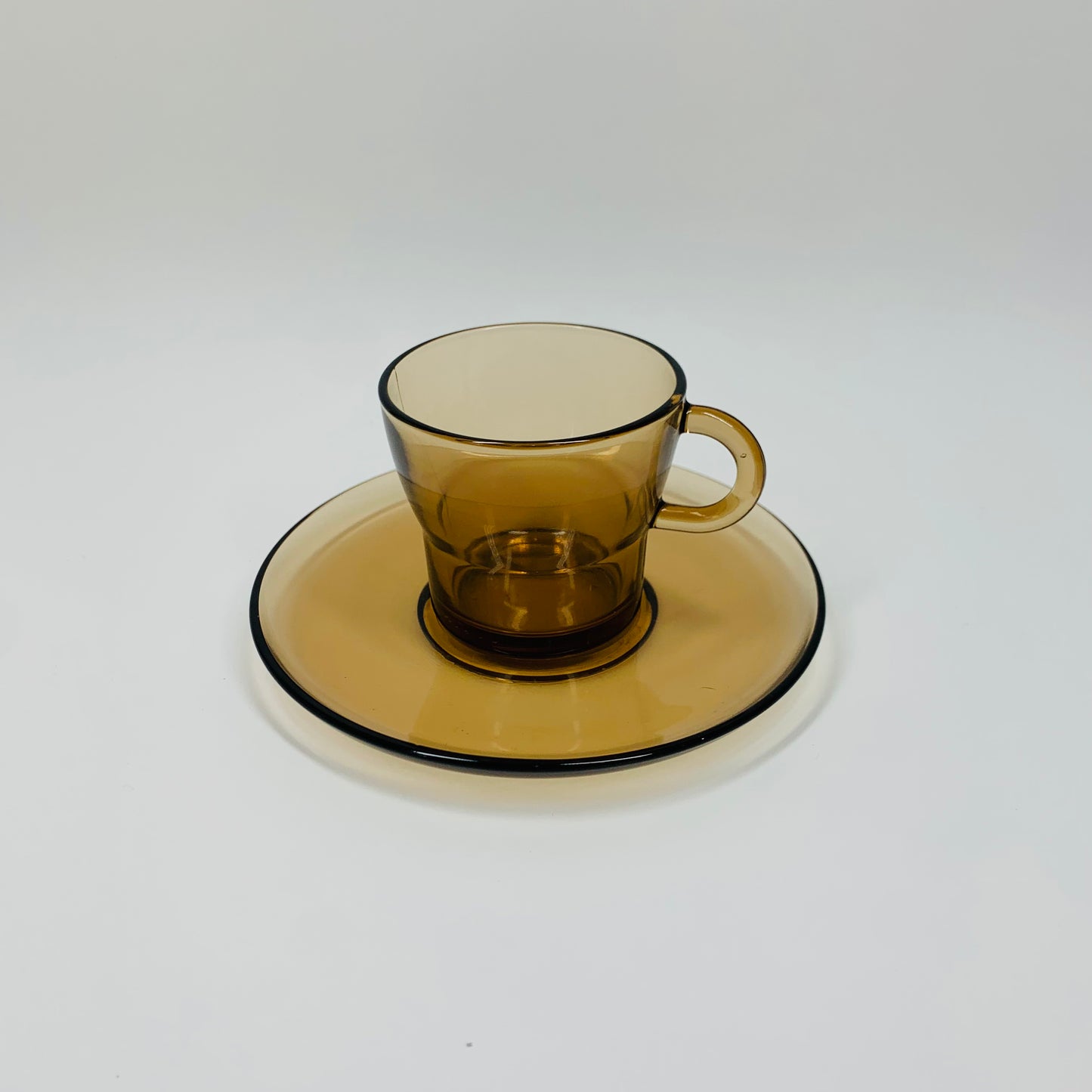 Vintage brown Duralex glass espresso cup and matching saucer