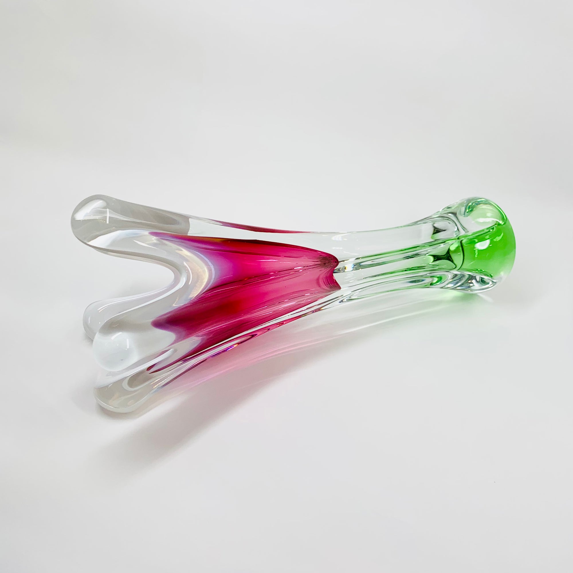 Rare Midcentury large Czech Skrdlovice swung pink green white sommerso glass vase