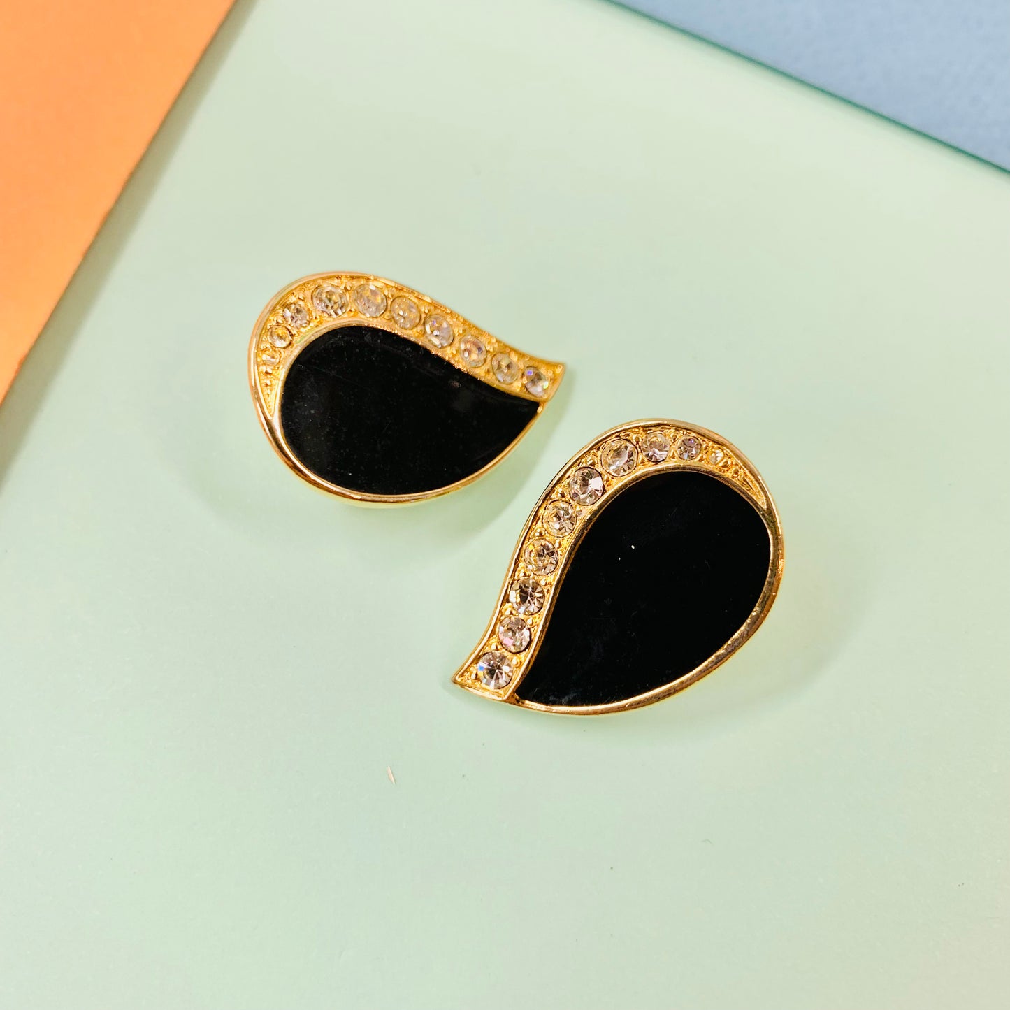 Rare 1960s gold plated tear drop black enamel stud earrings